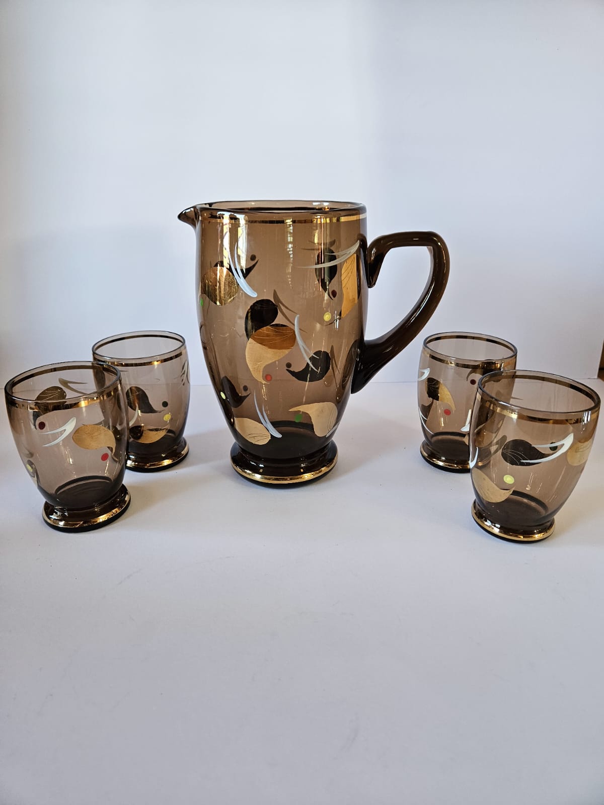 Vintage 5 Pc Amber Glass Lemonade Set with 4 Glasses