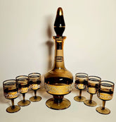 Vintage Amber Decanter Set with 6 Glasses Bohemia Crystal Czechoslovakia