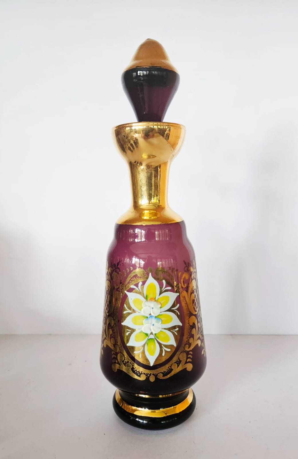 Vintage Venetian Amethyst Glass Liquor Decanter & Glasses, Enamel Flowers c1970s