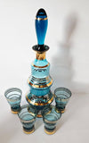 Vintage Bohemian Czech Aqua Gold Trim Glass Decanter set w/4 Glasses