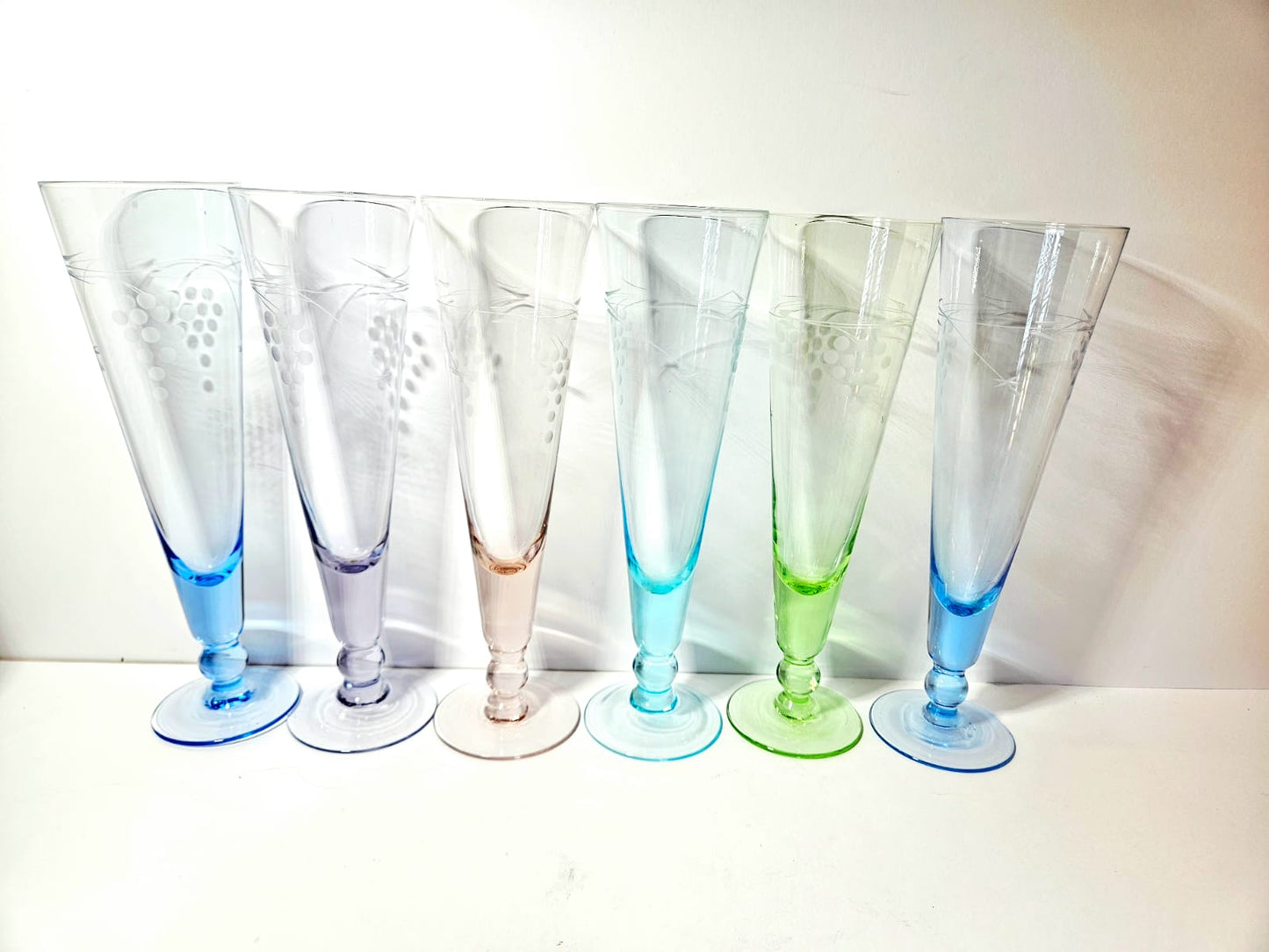 1950s Harlequin Etched Champagne Flutes (6)