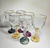 Optic Ribbed Wine Glasses with gold rims and colored Stems, Set of 6