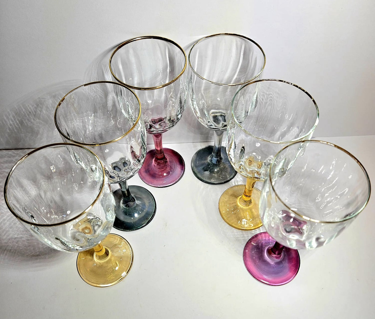 Optic Ribbed Wine Glasses with gold rims and colored Stems, Set of 6