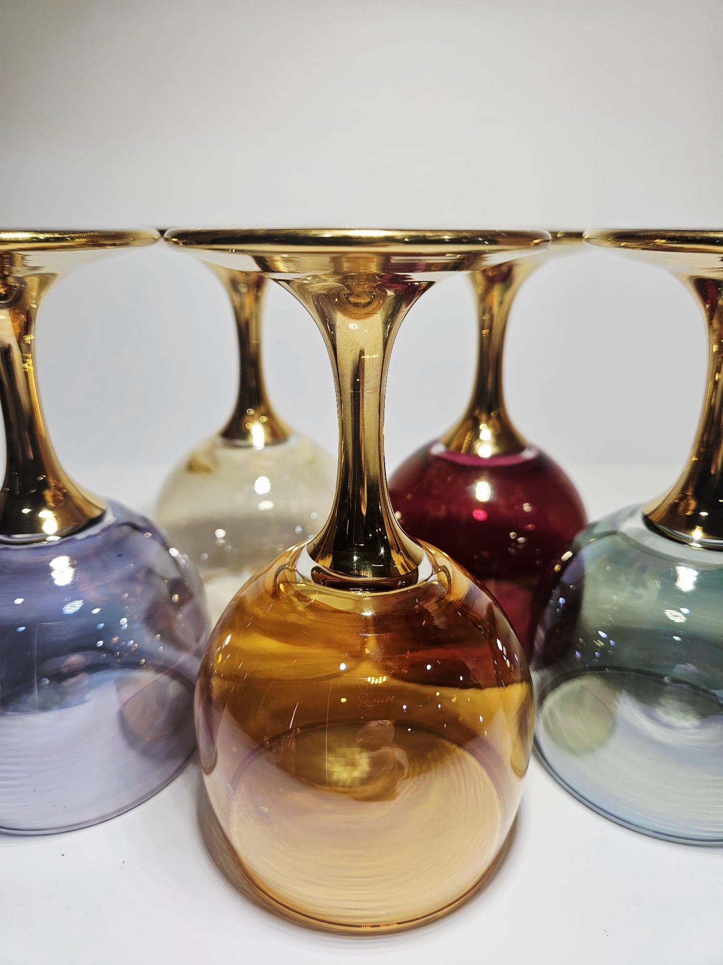 Set of 5 vintage Crystal Arlequin wine Glasses with gold gild stems