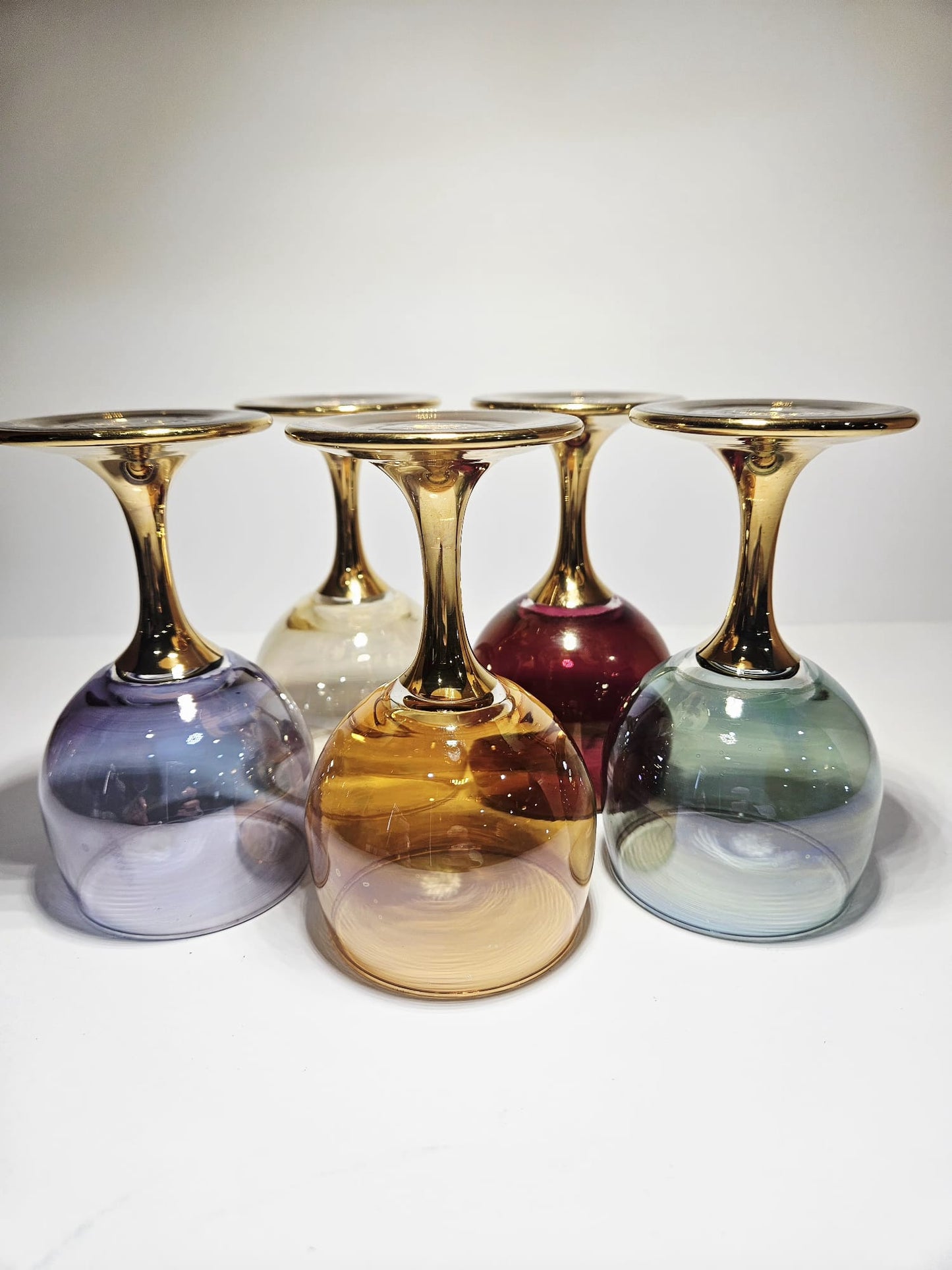 Set of 5 vintage Crystal Arlequin wine Glasses with gold gild stems