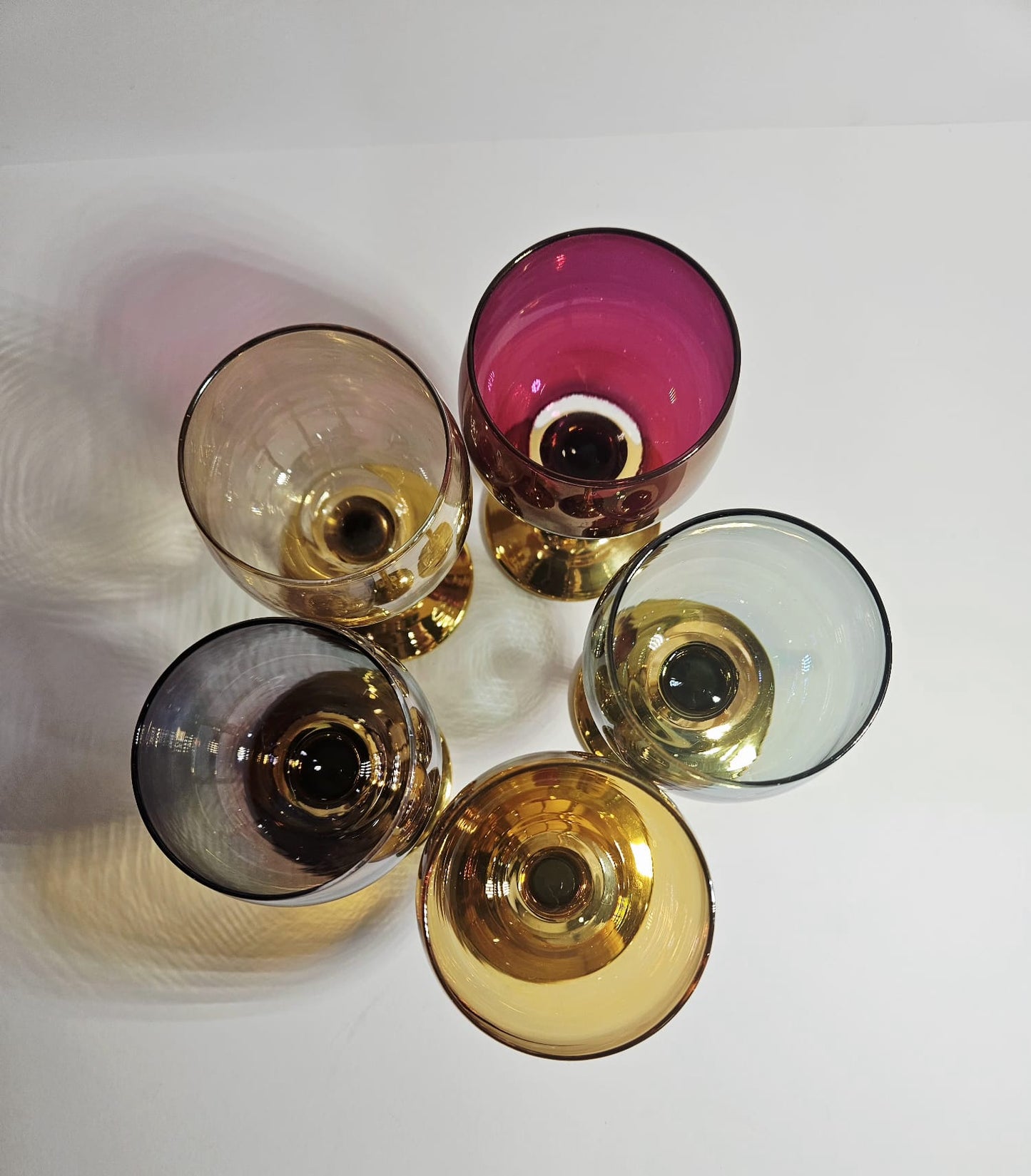 Set of 5 vintage Crystal Arlequin wine Glasses with gold gild stems