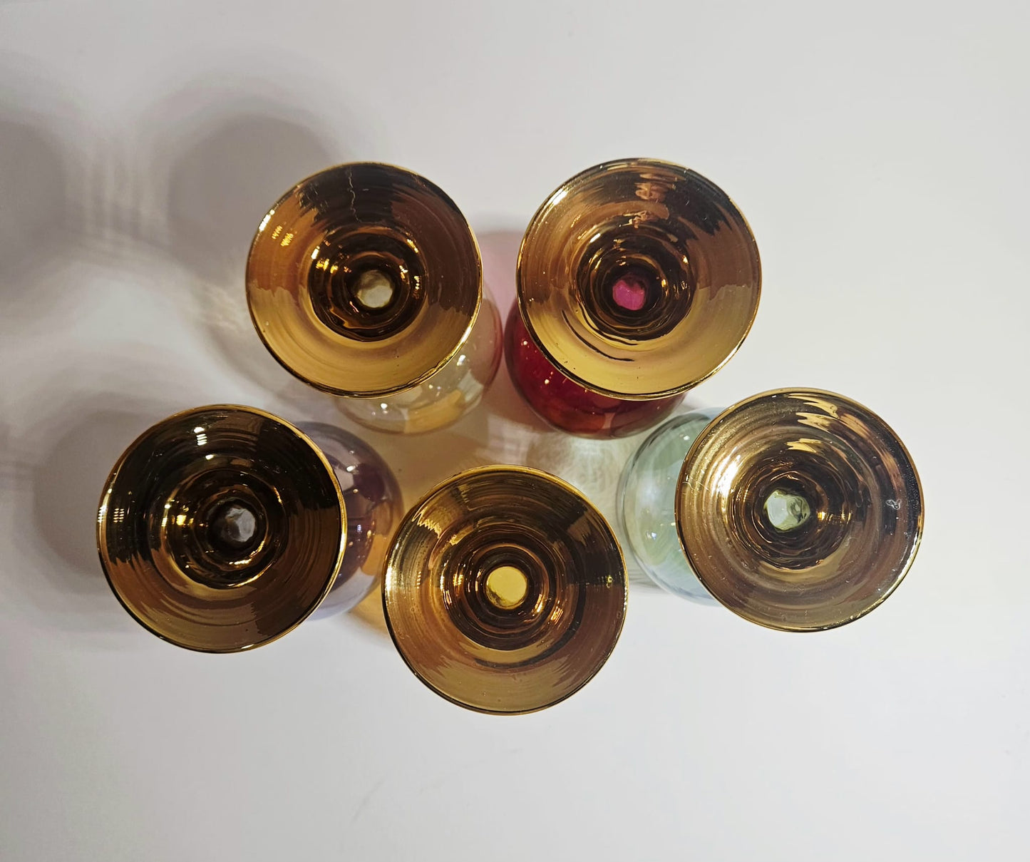 Set of 5 vintage Crystal Arlequin wine Glasses with gold gild stems