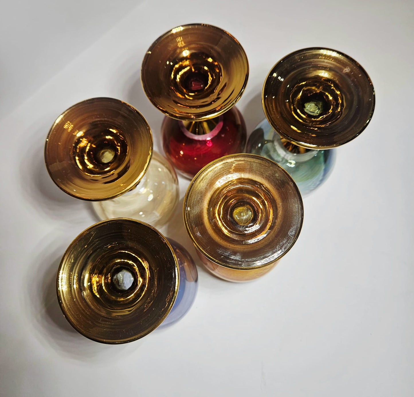 Set of 5 vintage Crystal Arlequin wine Glasses with gold gild stems