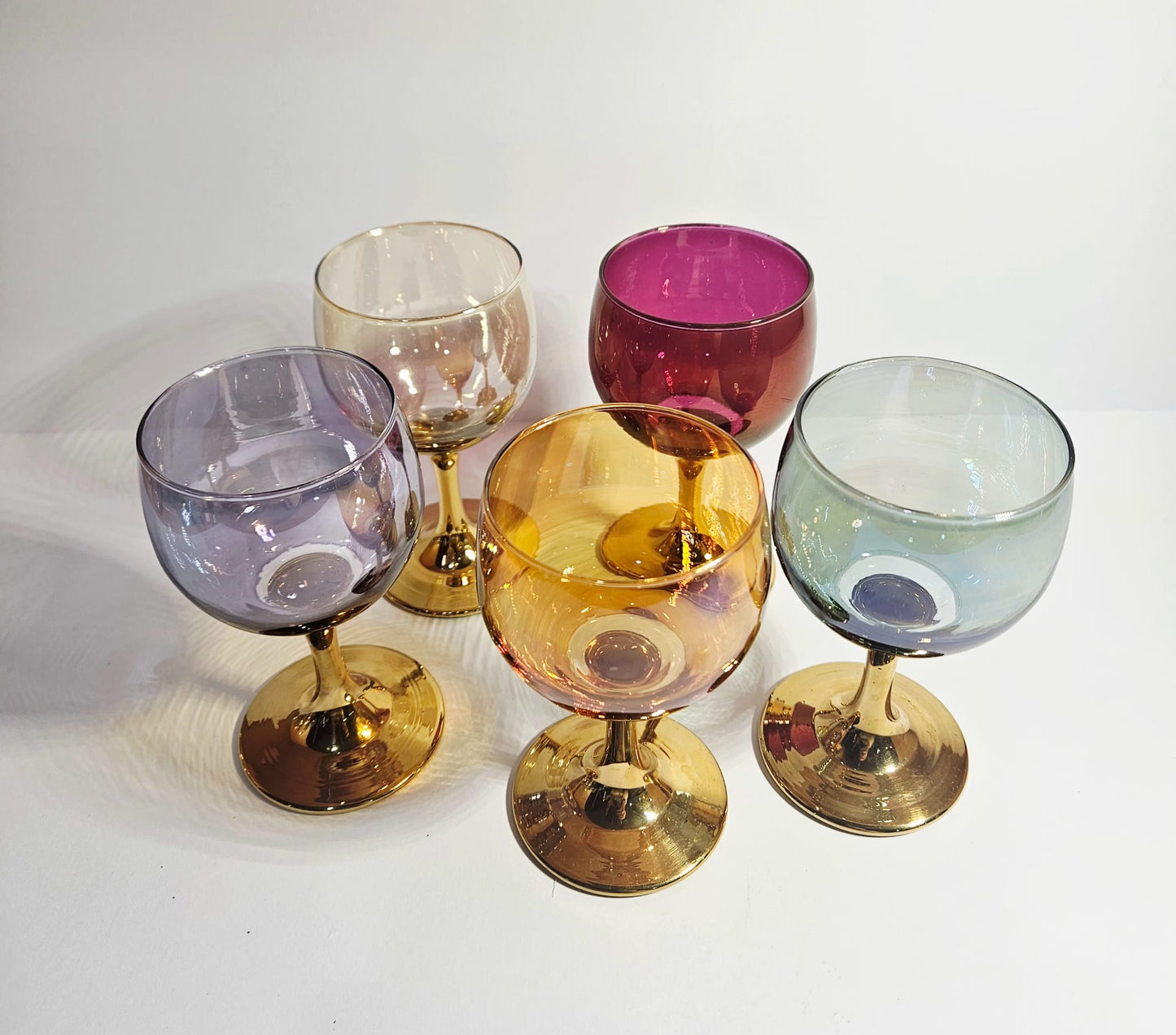 Set of 5 vintage Crystal Arlequin wine Glasses with gold gild stems