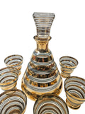 Mid Century De Rupel Verrerie de Boom Belgium Gold and Green Glass Decanter with 6 x Liqueur Glasses