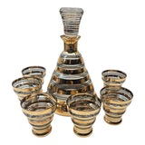 Mid Century De Rupel Verrerie de Boom Belgium Gold and Green Glass Decanter with 6 x Liqueur Glasses