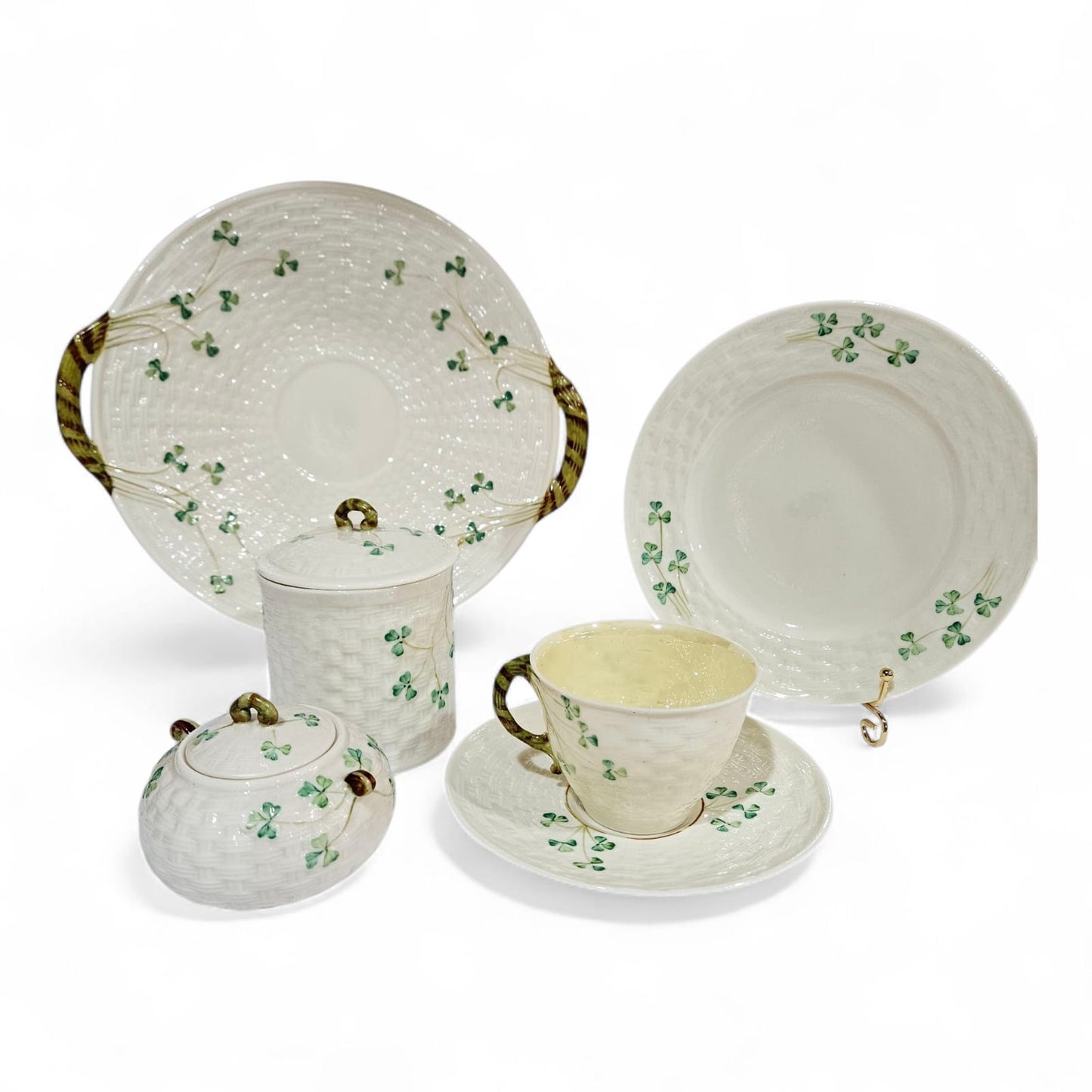 8 Pcs Belleek SHAMROCK Basketweave Solitaire Breakfast Set