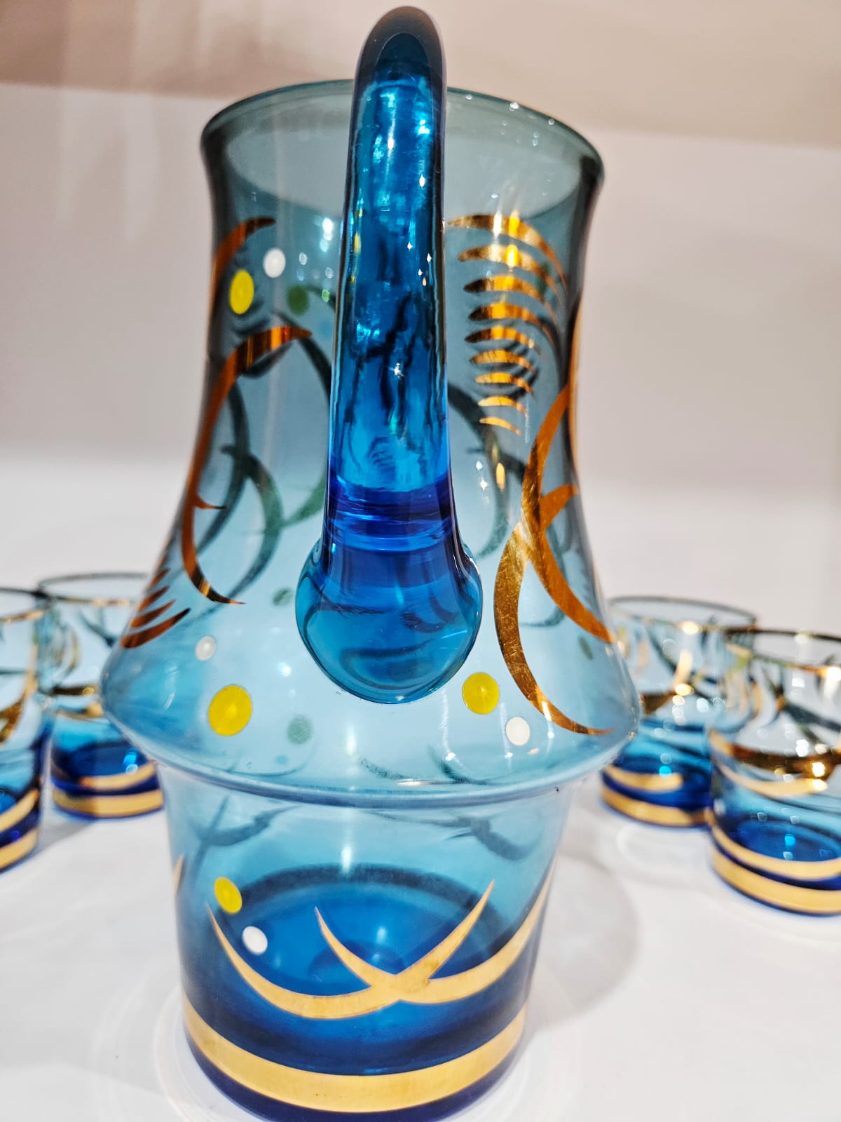 Vintage Bohemia Blue Jug with 4 Tumblers Gold Gilt Detail