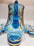 Vintage Bohemia Blue Jug with 4 Tumblers Gold Gilt Detail