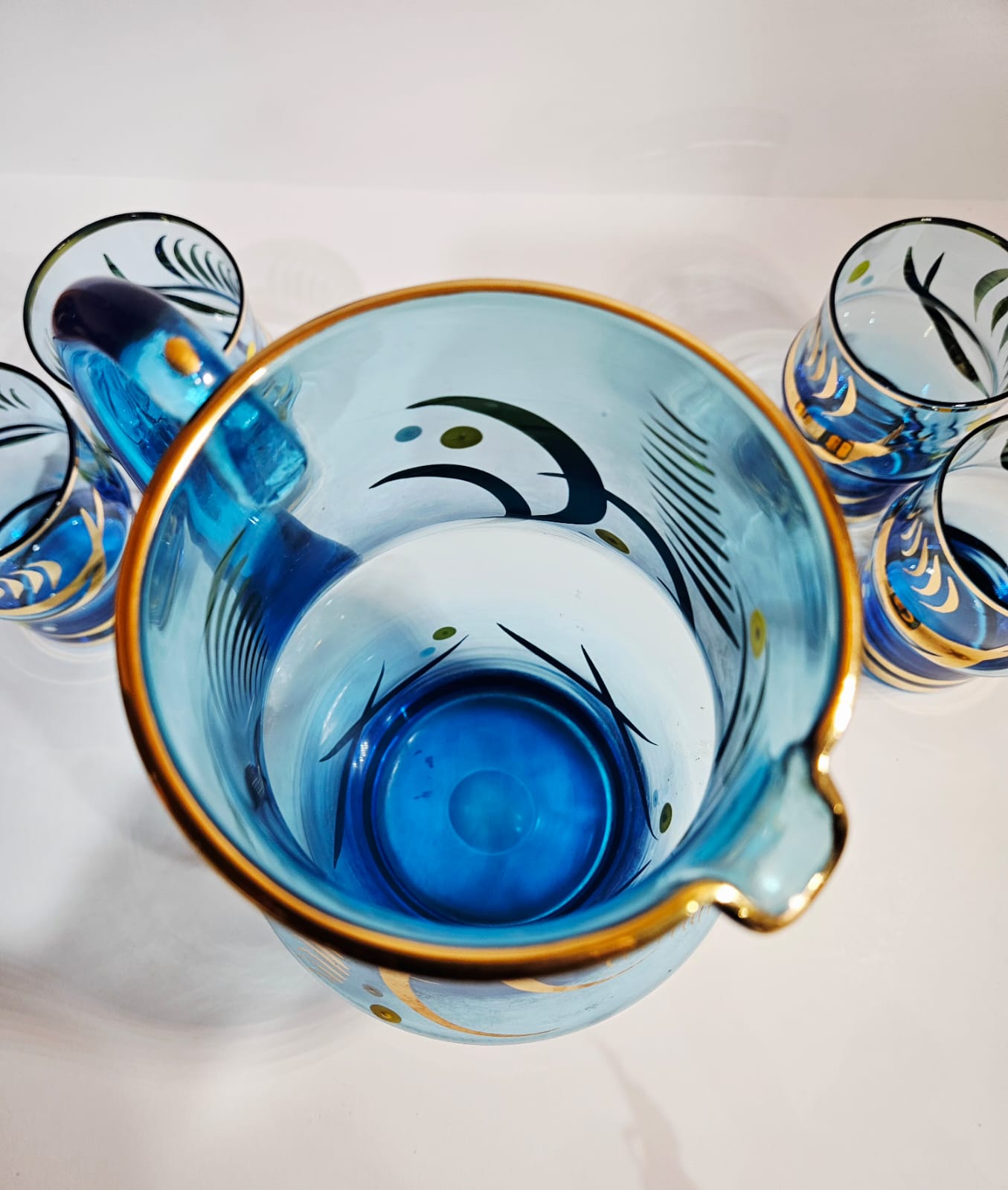 Vintage Bohemia Blue Jug with 4 Tumblers Gold Gilt Detail