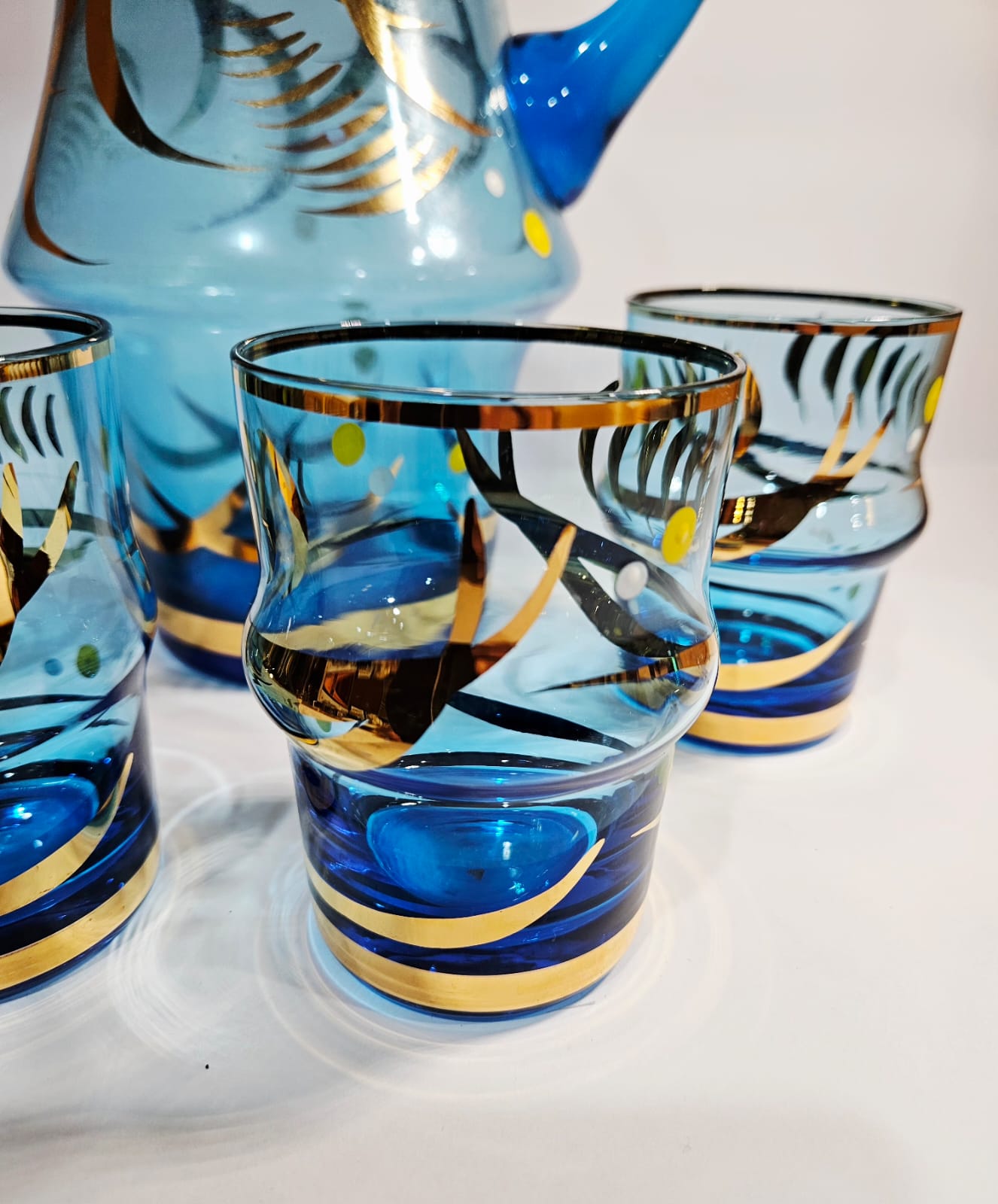 Vintage Bohemia Blue Jug with 4 Tumblers Gold Gilt Detail