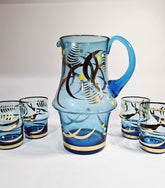 Vintage Bohemia Blue Jug with 4 Tumblers Gold Gilt Detail