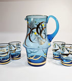 Vintage Bohemia Blue Jug with 4 Tumblers Gold Gilt Detail