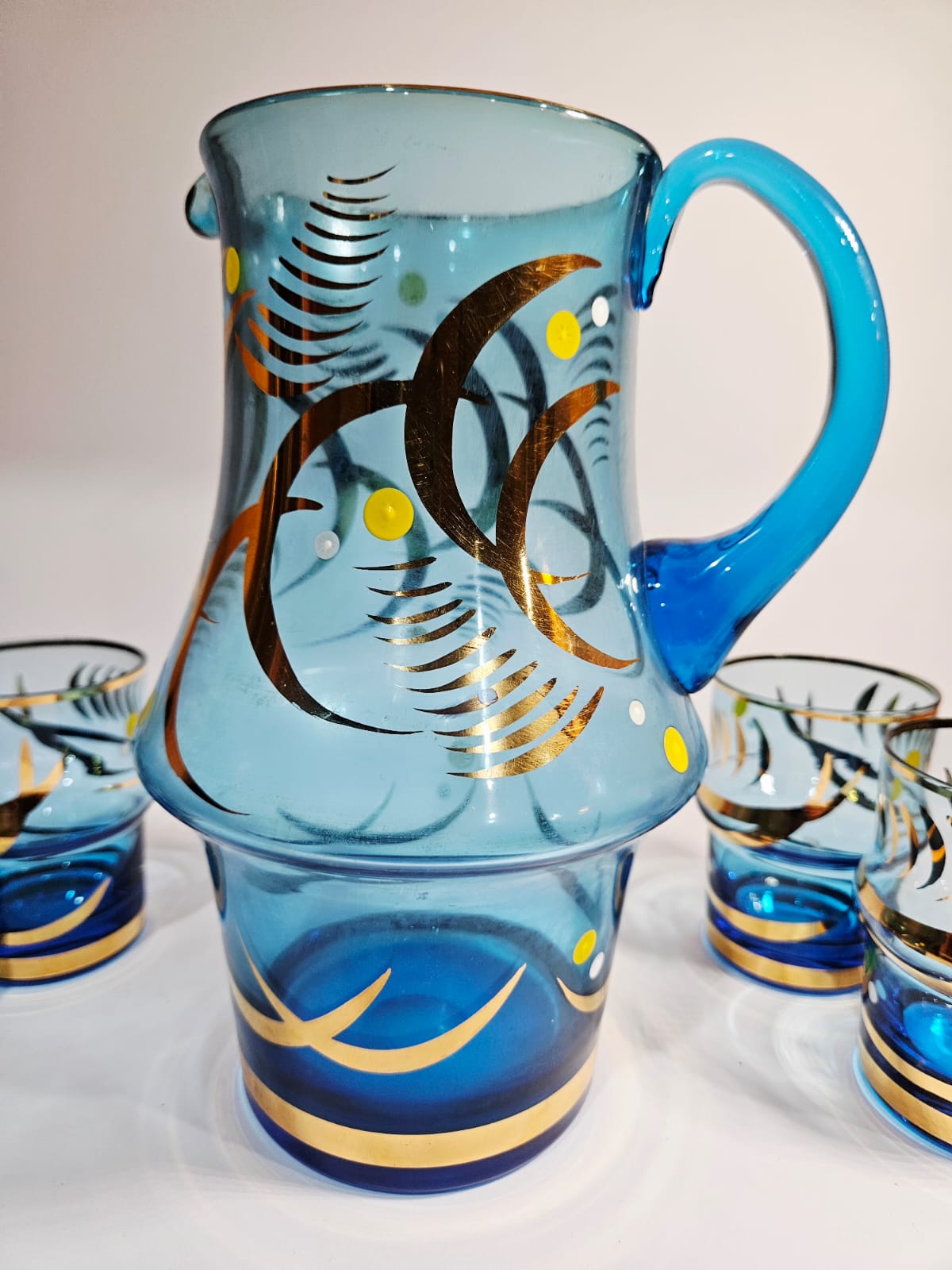 Vintage Bohemia Blue Jug with 4 Tumblers Gold Gilt Detail