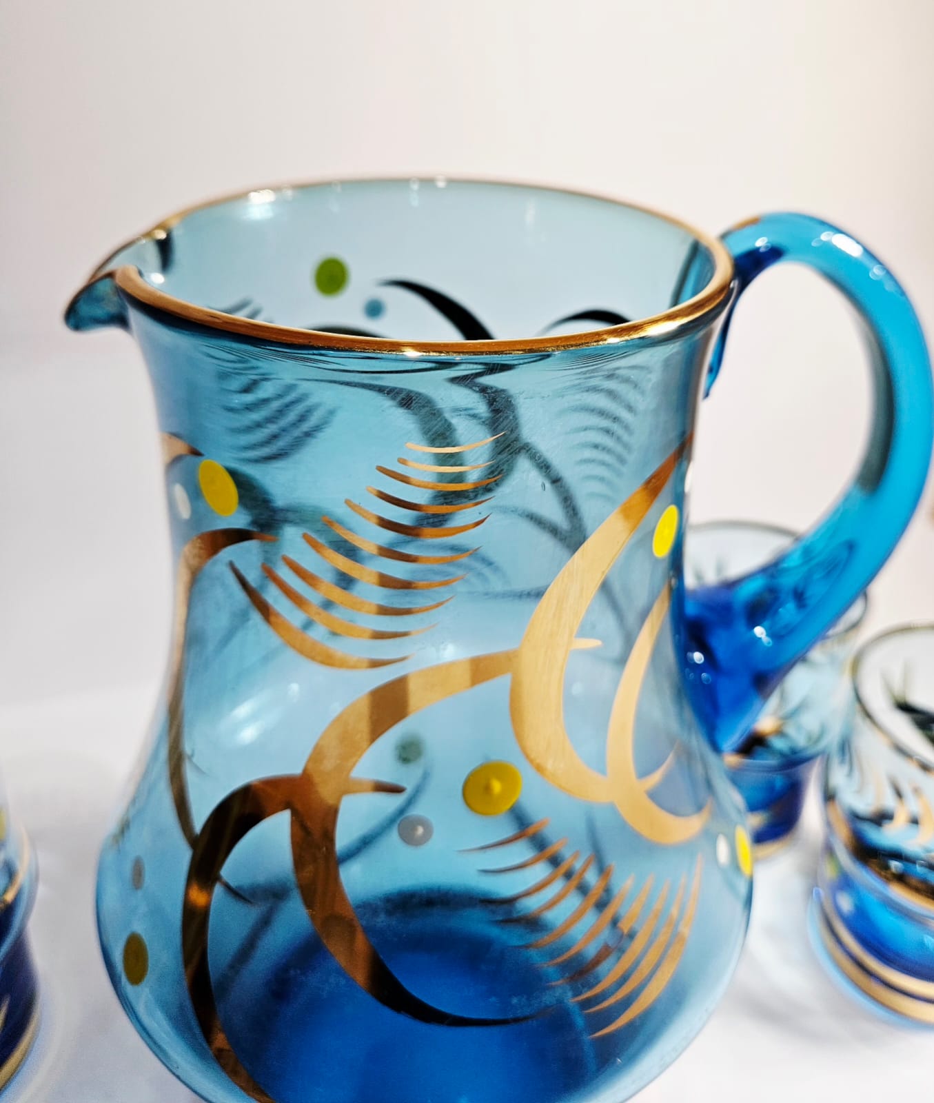Vintage Bohemia Blue Jug with 4 Tumblers Gold Gilt Detail