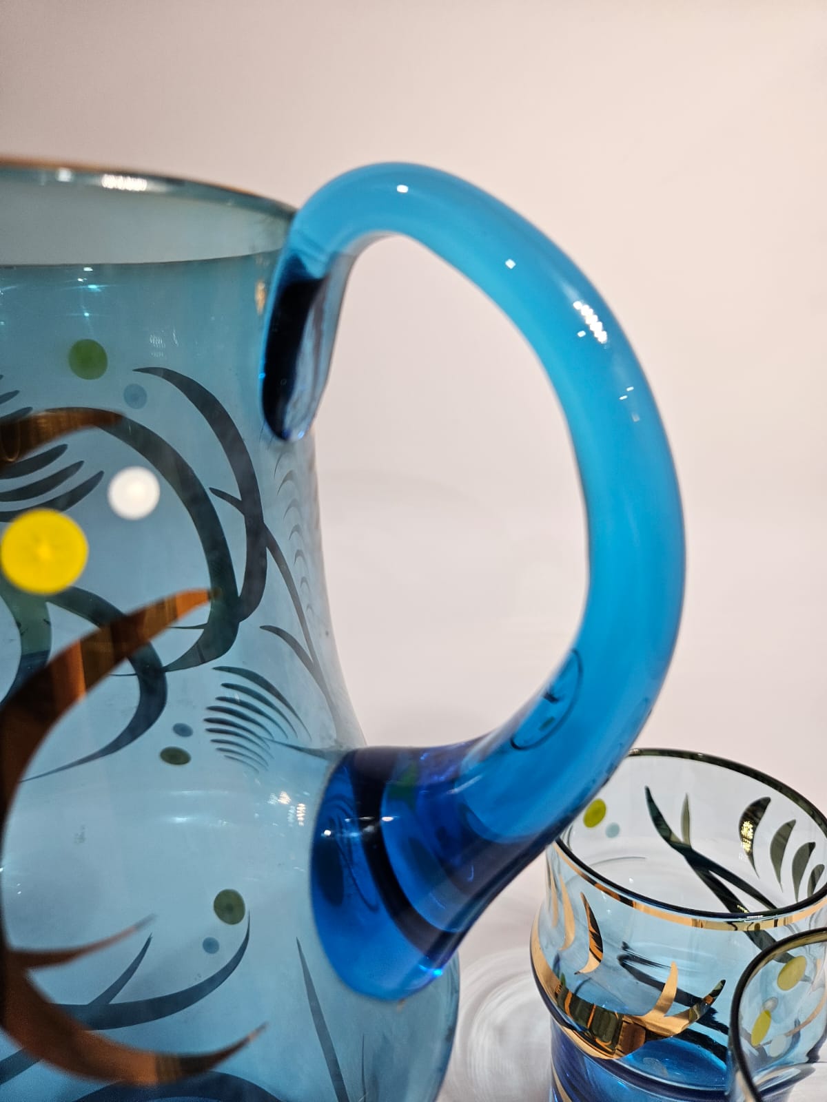 Vintage Bohemia Blue Jug with 4 Tumblers Gold Gilt Detail