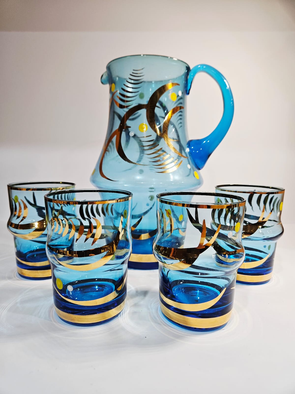Vintage Bohemia Blue Jug with 4 Tumblers Gold Gilt Detail