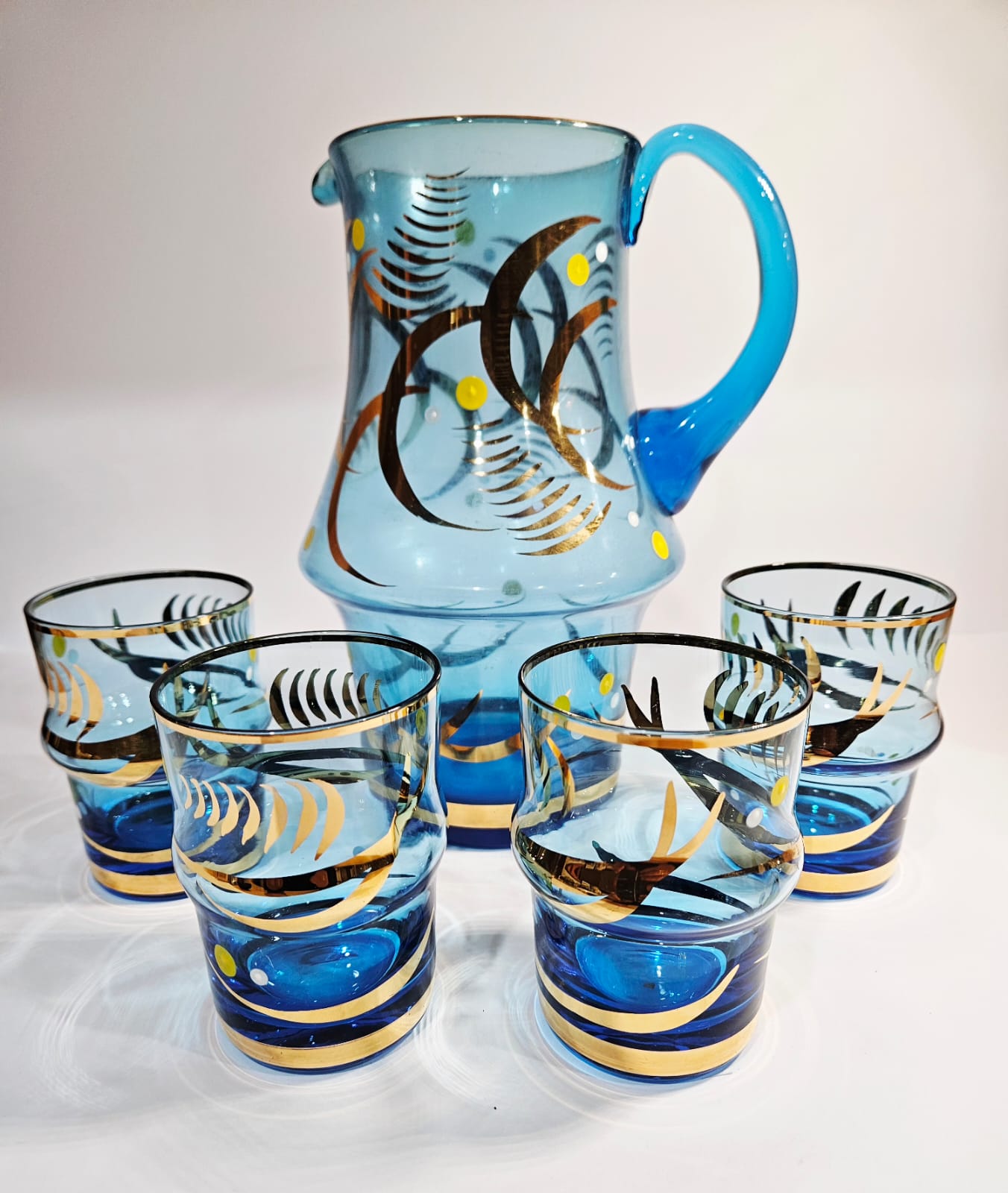 Vintage Bohemia Blue Jug with 4 Tumblers Gold Gilt Detail