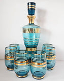 Vintage Bohemian Czech Aqua Gold Trim Glass Decanter set with 6 glasses