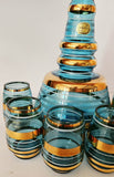 Bohemian Blue and Gold Striped Glass Decanter set
