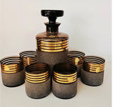 Bohemian MCM amber and gold striped glass decanter set- c.1960