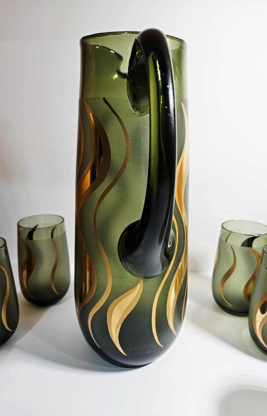 Vintage Bohemia Czech Republic 24K Gold & Green glass pitcher and 6 glasses