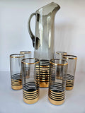 MCM Limonade Set - Tall Smoke & Gold Stripes jug with 6 highball tumblers
