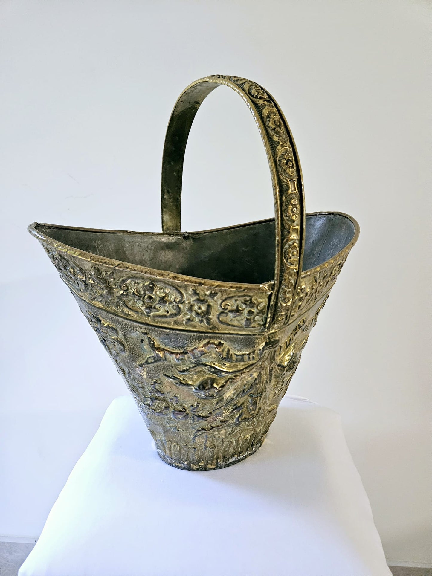 Embossed Antique French Brass Coal Bucket 19th Century