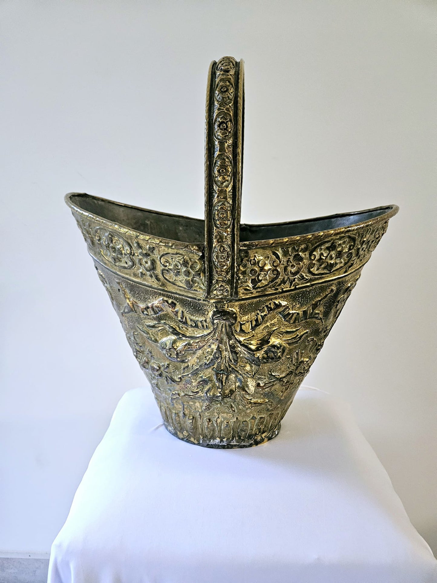 Embossed Antique French Brass Coal Bucket 19th Century