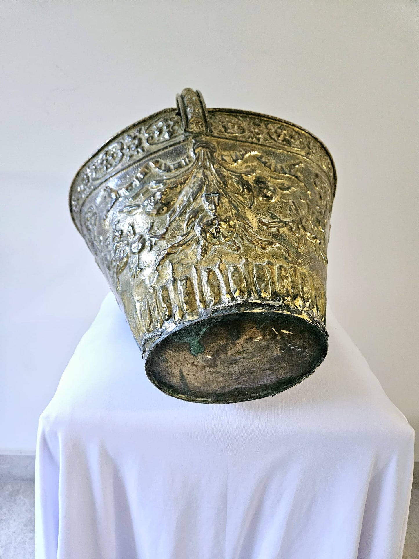 Embossed Antique French Brass Coal Bucket 19th Century