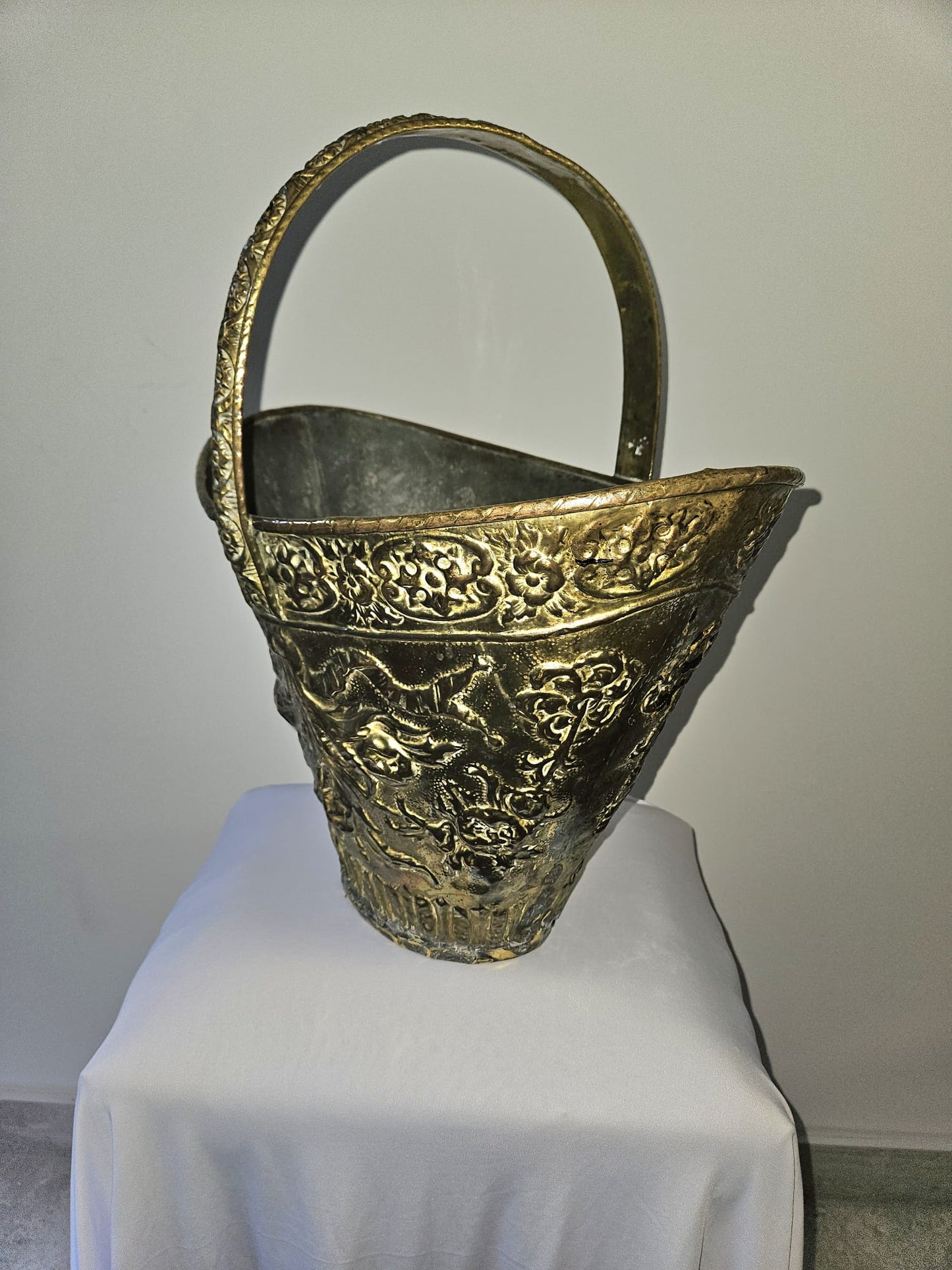 Embossed Antique French Brass Coal Bucket 19th Century