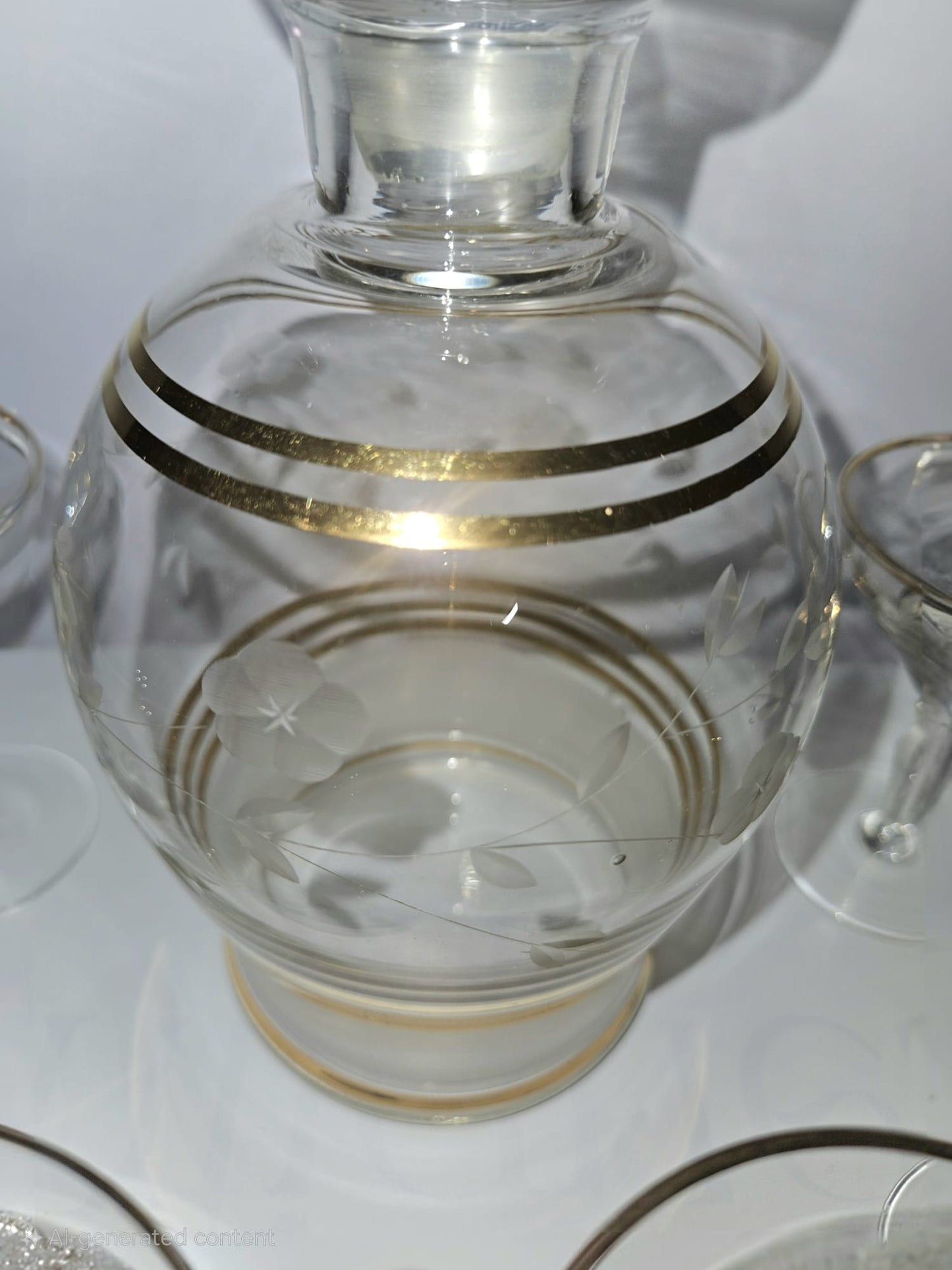 Elegant Carafe Liquor set etched with gold rims 7pc