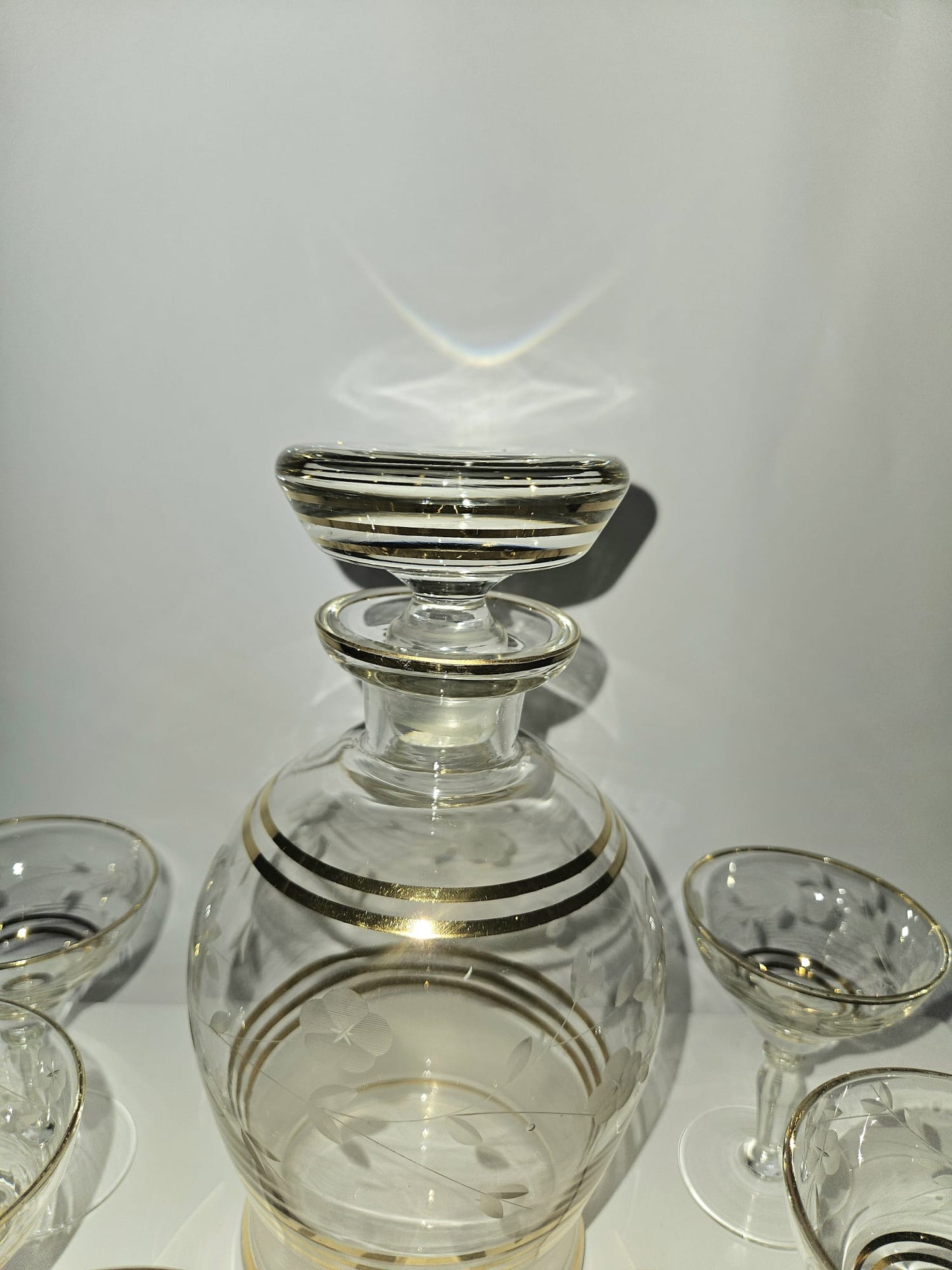 Elegant Carafe Liquor set etched with gold rims 7pc