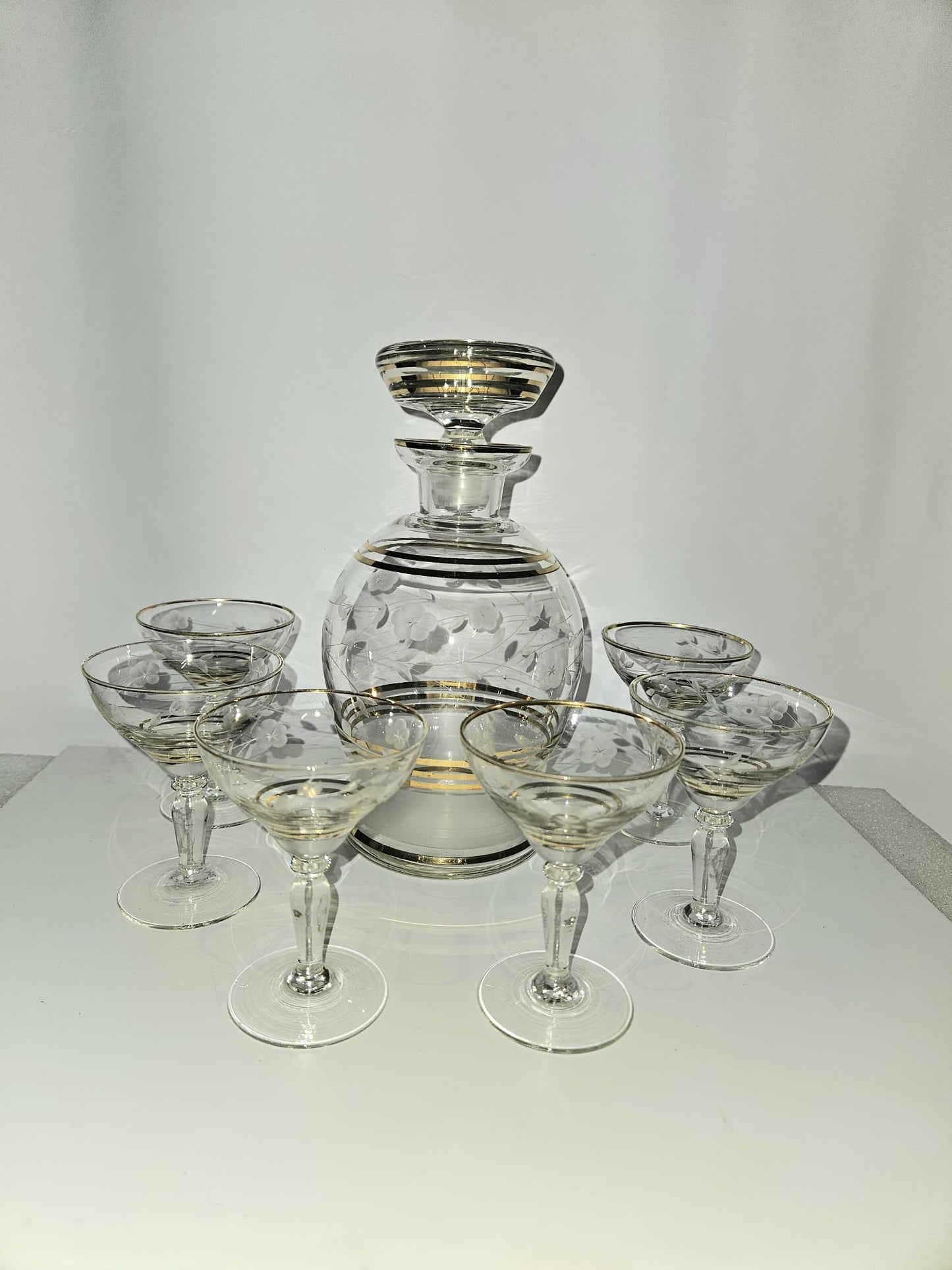 Elegant Carafe Liquor set etched with gold rims 7pc
