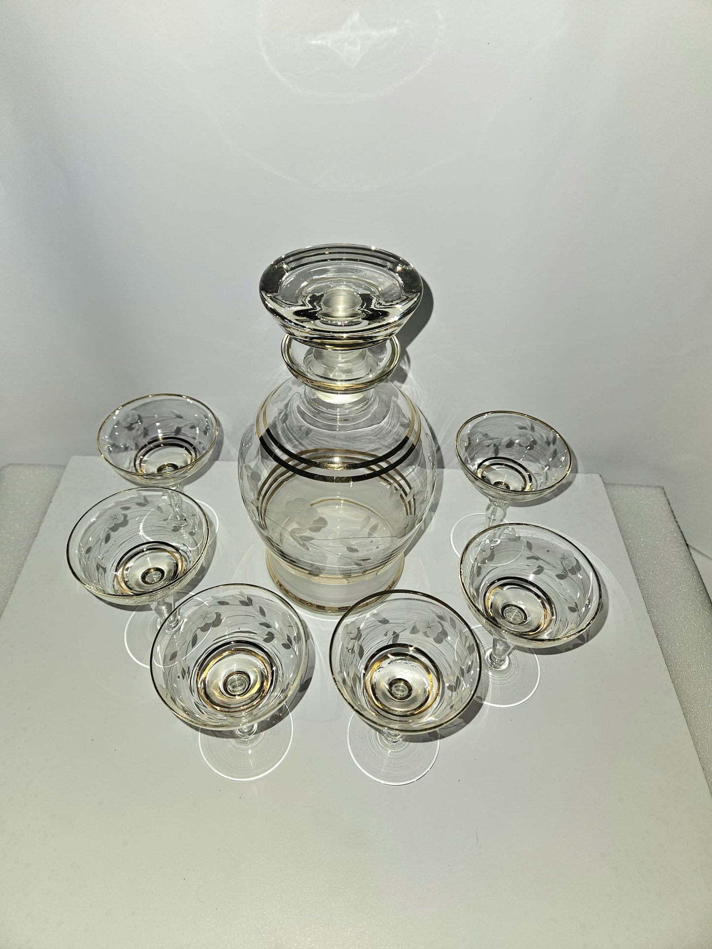 Elegant Carafe Liquor set etched with gold rims 7pc