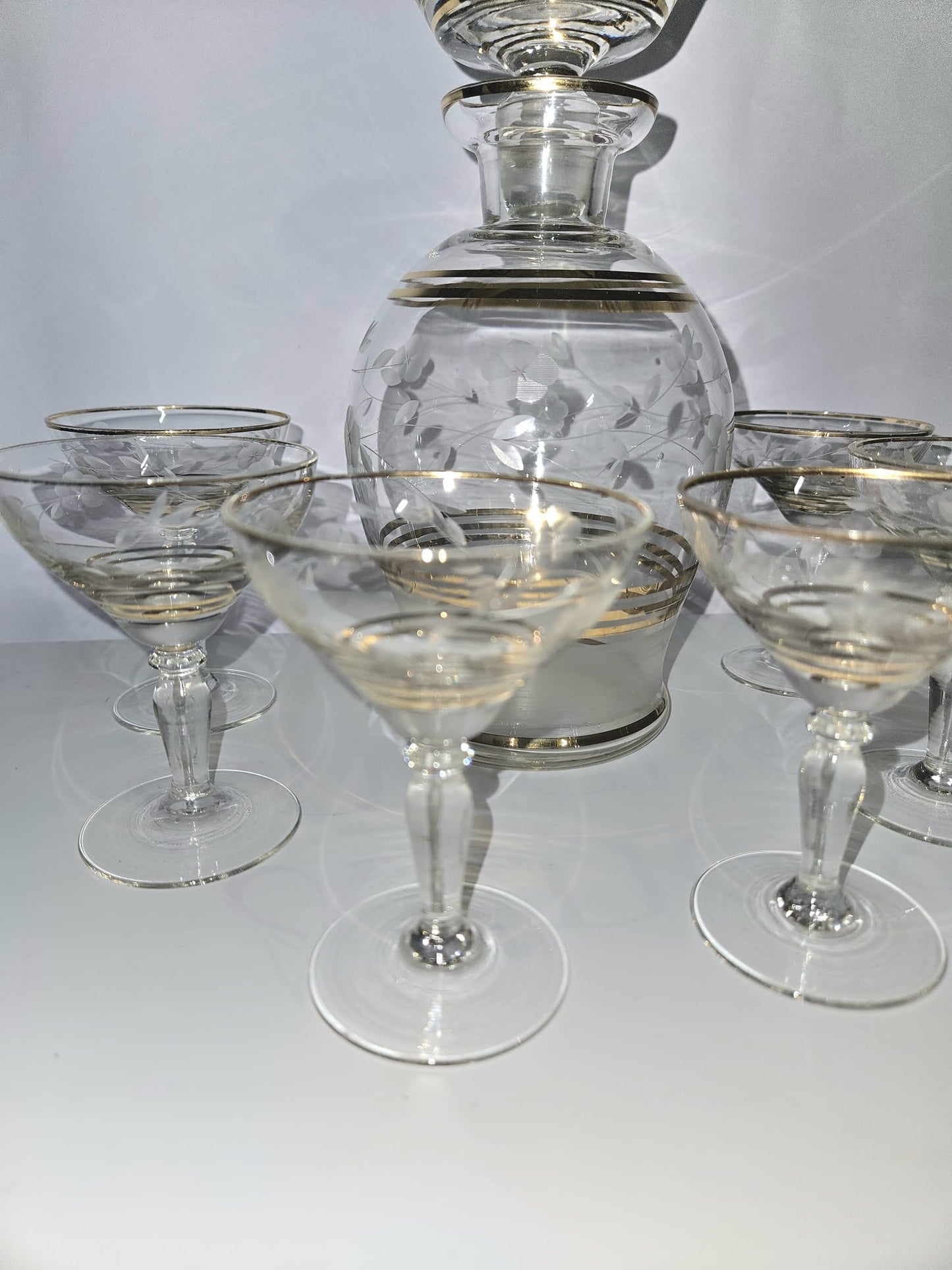 Elegant Carafe Liquor set etched with gold rims 7pc