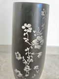 Art Nouveau Hand Blown Tall Burgundy Vase with etched cherry blossoms.