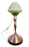 Art Deco 'Diane' copper lamp wide base w/Original glass Green stepped shade 1930s