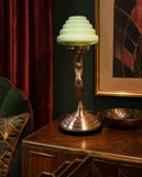 Art Deco 'Diane' copper lamp wide base w/Original glass Green stepped shade 1930s