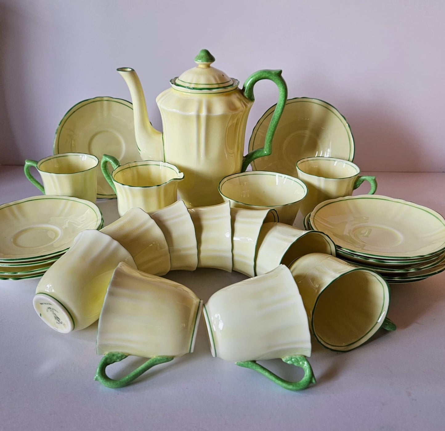 Crown Staffordshire 26 pieces Yellow & Green Coffee Set (c. 1906- 1930)
