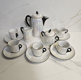 Antique Czech 13 pcs Coffee Set Pearl White Iridescent Lustre with Black Trims