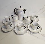 Antique Czech 13 pcs Coffee Set Pearl White Iridescent Lustre with Black Trims