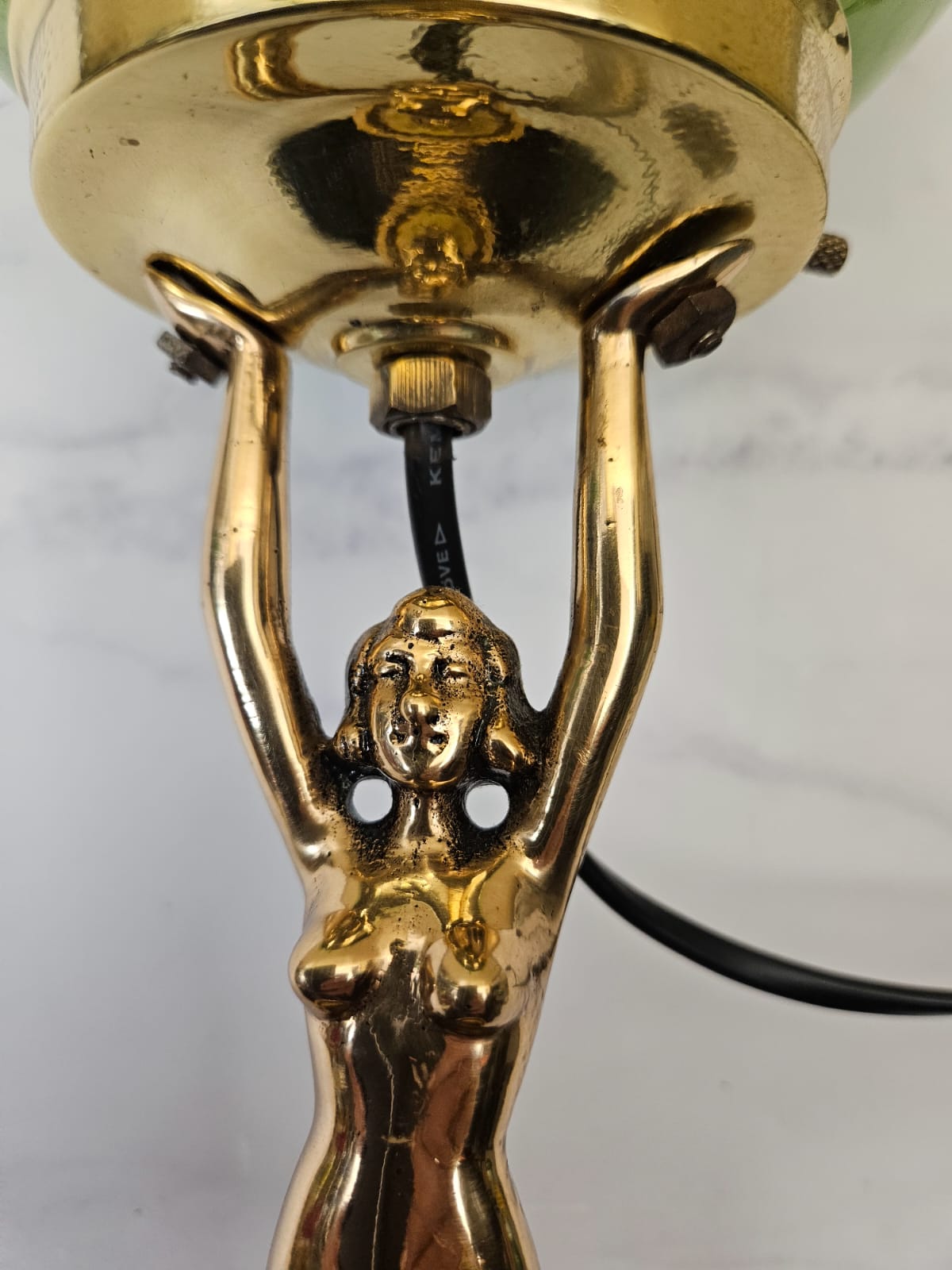 Art Deco DIANE Gold tone metal Table Lamp with ashtray feature and marbled round shade