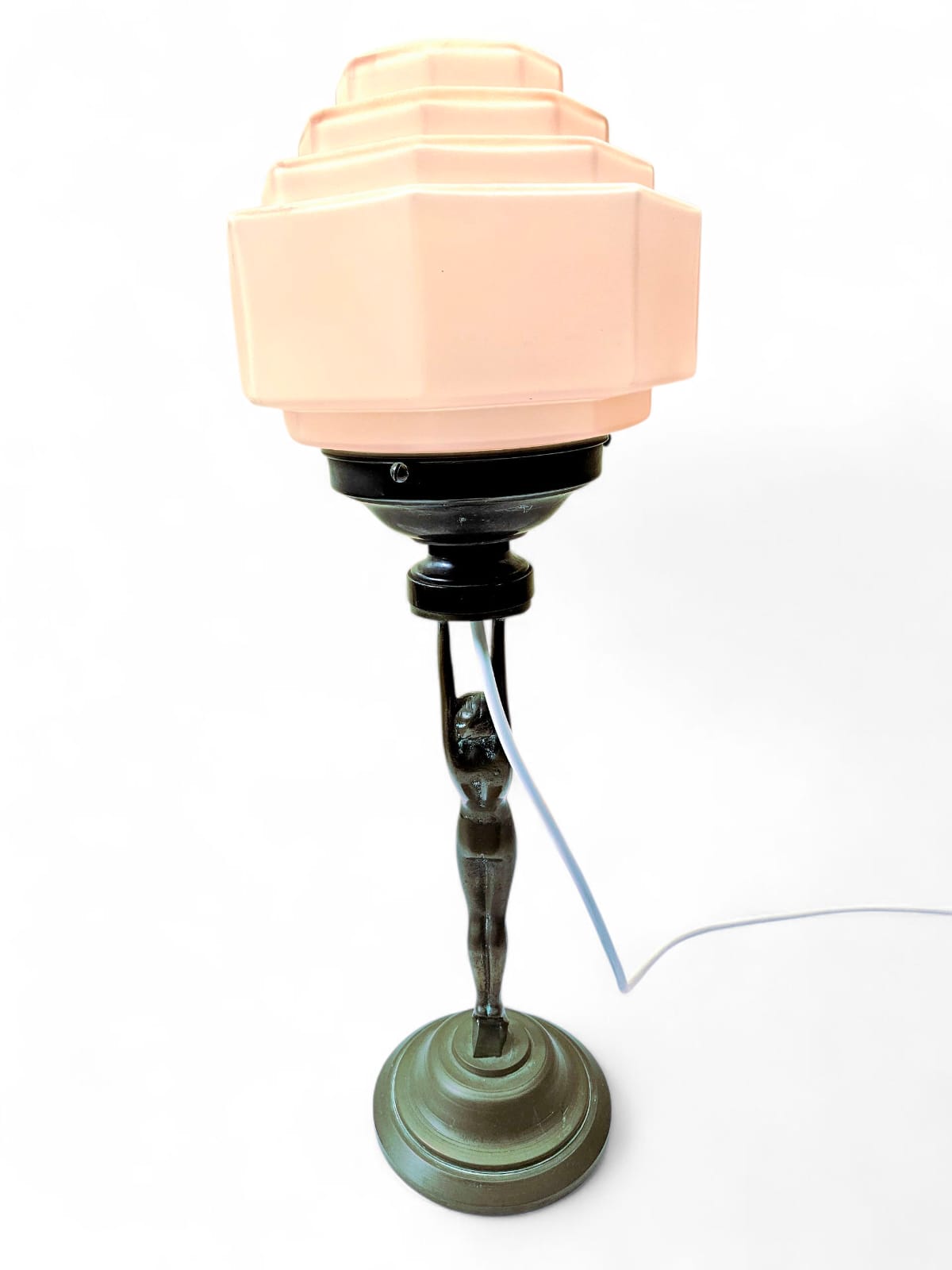 Art Deco 'Diane' bronze and brass lamp with stepped pink shade circa 1930s