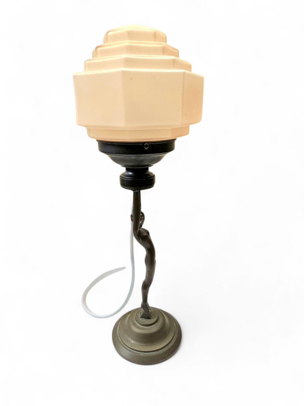 Art Deco 'Diane' bronze and brass lamp with stepped pink shade circa 1930s